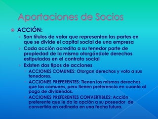   ACCIÓN:
    › Son títulos de valor que representan las partes en
      que se divide el capital social de una empresa
    › Cada acción acredita a su tenedor parte de
      propiedad de la misma otorgándole derechos
      estipulados en el contrato social
    › Existen dos tipos de acciones
       ACCIONES COMUNES: Otorgan derechos y voto a sus
        tenedores.
       ACCIONES PREFERENTES: Tienen los mismos derechos
        que las comunes, pero tienen preferencia en cuanto al
        pago de dividendos.
       ACCIONES PREFERENTES CONVERTIBLES: Acción
        preferente que le da la opción a su poseedor de
        convertirla en ordinaria en una fecha futura.
 