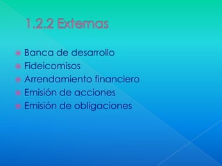  Banca de desarrollo
 Fideicomisos
 Arrendamiento financiero
 Emisión de acciones
 Emisión de obligaciones
 