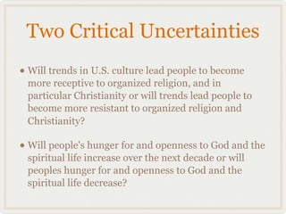 Two Critical Uncertainties
• Will trends in U.S. culture lead people to become
 more receptive to organized religion, and in
 particular Christianity or will trends lead people to
 become more resistant to organized religion and
 Christianity?

• Will people's hunger for and openness to God and the
 spiritual life increase over the next decade or will
 peoples hunger for and openness to God and the
 spiritual life decrease?
 