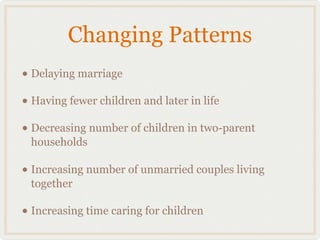Changing Patterns
• Delaying marriage
• Having fewer children and later in life
• Decreasing number of children in two-parent
 households

• Increasing number of unmarried couples living
 together

• Increasing time caring for children
 