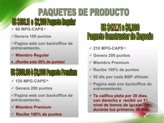 PAQUETES DE PRODUCTO  US $196.11  o  $2,200 Paquete Regular  120 MPG-CAPS ™ Genera 200 puntos Pagina web con backoffice de entrenamiento. Miembro Premium  Recibe 100% de puntos US $477.71 o $5,300 Paquete Constructor de Negocio 210 MPG-CAPS ™ Genera 200 puntos Miembro Premium  Recibe 100% de puntos 50 dls por cada BBP afiliado Pagina web con backoffice de entrenamiento. Te califica plata por 30 días, con derecho a  recibir un 1 er  nivel de bonos de igualación durante tus primeros 30 días. US $350.00 ò $3,900 Paquete Premium  60 MPG-CAPS ™ Genera 100 puntos Pagina web con backoffice de entrenamiento. Miembro Regular ●  ¡Recibe solo 50% de puntos! 