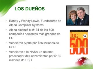 Randy y Wendy Lewis, Fundadores de Alpha Computer Systems Alpha alcanzó el #184 de las 500 compañías nacientes más grandes de EU Vendieron Alpha por $25 Millones de USD Vendieron a la NASA un sistema procesador de Lanzamientos por $130 millones de USD LOS DUEÑOS 