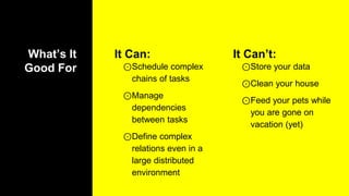 What’s It
Good For
It Can:
⊙Schedule complex
chains of tasks
⊙Manage
dependencies
between tasks
⊙Define complex
relations even in a
large distributed
environment
It Can’t:
⊙Store your data
⊙Clean your house
⊙Feed your pets while
you are gone on
vacation (yet)
 