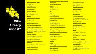 Who
Already
uses it?
Airbnb [@mistercrunch, @artwr]
Agari [@r39132]
allegro.pl [@kretes]
AltX [@pedromduarte]
Apigee [@btallman]
Astronomer [@schnie]
Auth0 [@sicarul]
BandwidthX [@dineshdsharma]
Bellhops
BlaBlaCar [@puckel & @wmorin]
Bloc [@dpaola2]
BlueApron [@jasonjho & @matthewdavidhauser]
Blue Yonder [@blue-yonder]
Celect [@superdosh & @chadcelect]
Change.org [@change, @vijaykramesh]
Children's Hospital of Philadelphia Division of
Genomic Diagnostics [@genomics-geek]
City of San Diego [@MrMaksimize, @andrell81 &
@arnaudvedy]
Clairvoyant @shekharv
Clover Health [@gwax & @vansivallab]
Chartboost [@cgelman & @dclubb]
Cotap [@maraca & @richardchew]
Digital First Media [@duffn & @mschmo &
@seanmuth]
Easy Taxi [@caique-lima & @WesleyBatista]
FreshBooks [@DinoCow]
Gentner Lab [@neuromusic]
Glassdoor [@syvineckruyk]
HelloFresh [@tammymendt & @davidsbatista &
@iuriinedostup]
Holimetrix [@thibault-ketterer]
Hootsuite
IFTTT [@apurvajoshi]
iHeartRadio[@yiwang]
ING
Jampp
Kiwi.com [@underyx]
Kogan.com [@geeknam]
Lemann Foundation [@fernandosjp]
LendUp [@lendup]
liligo [@tromika]
LingoChamp [@haitaoyao]
Lucid [@jbrownlucid & @kkourtchikov]
Lumos Labs [@rfroetscher & @zzztimbo]
Lyft[@SaurabhBajaj]
Madrone [@mbreining & @scotthb]
Markovian [@al-xv, @skogsbaeck, @waltherg]
Mercadoni [@demorenoc]
MiNODES [@dice89, @diazcelsa]
MFG Labs
mytaxi [@mytaxi]
Nerdwallet
OfferUp
OneFineStay [@slangwald]
Open Knowledge International @vitorbaptista
PayPal [@jhsenjaliya]
Postmates [@syeoryn]
Sense360 [@kamilmroczek]
Shopkick [@shopkick]
Sidecar [@getsidecar]
SimilarWeb [@similarweb]
SmartNews [@takus]
Spotify [@znichols]
Stackspace
Stripe [@jbalogh]
Thumbtack [@natekupp]
T2 Systems [@unclaimedpants]
Vente-Exclusive.com [@alexvanboxel]
Vnomics [@lpalum]
WePay [@criccomini & @mtagle]
WeTransfer [@jochem]
Whistle Labs [@ananya77041]
WiseBanyan
Wooga
Xoom [@gepser & @omarvides]
Yahoo!
Zapier [@drknexus & @statwonk]
Zendesk
Zenly [@cerisier & @jbdalido]
99 [@fbenevides, @gustavoamigo & @mmmaia]
GovTech GDS [@chrissng & @datagovsg]
Gusto [@frankhsu]
Handshake [@mhickman]
Handy [@marcintustin / @mtustin-handy]
Qubole [@msumit]
 