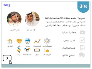 ‫الفرحان‬ ‫فؤاد‬‫احلصني‬ ‫سامي‬
‫باللغة‬ ‫مجانية‬ ‫أكادميية‬ ‫مساقات‬ ‫بتقدمي‬ ‫رواق‬ ‫تهتم‬
‫يقدمها‬ ،‫والتخصصات‬ ‫اجملاالت‬ ‫شتى‬ ‫في‬ ‫العربية‬
.‫العربي‬ ‫العالم‬ ‫أرجاء‬ ‫مختلف‬ ‫من‬ ‫متميزون‬ ‫أساتذة‬
‫مرئية‬ ‫محاضرات‬
‫تفاعلية‬ ‫متارين‬
‫إكمال‬ ‫شهادات‬
‫تفاعلي‬ ‫مجتمع‬
2013
 