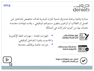 ‫عن‬ ‫للباحثني‬ ‫مخصص‬ ‫هدف‬ ‫البشرية‬ ‫املوارد‬ ‫تنمية‬ ‫صندوق‬ ‫برعاية‬ ‫وطنية‬ ‫مبادرة‬
‫معتمدة‬ ‫شهادات‬ ‫يقدم‬ ، ‫الوظيفي‬ ‫مستواهم‬ ‫بتطوير‬ ‫الراغبني‬ ‫أو‬ ‫الطالب‬ ‫أو‬ ‫العمل‬
‫اململكة‬ ‫في‬ ‫الشركات‬ ‫كبرى‬ ‫من‬ ‫بها‬ ‫معترف‬
  •‫اإلجنليزية‬ ‫اللغة‬ ‫مهارات‬ : ‫العامة‬ ‫املهارات‬
‫الوظيفي‬ ‫التواصل‬ ‫وفنون‬ ‫واحلاسوب‬
  •‫محددة‬ ‫بوظائف‬ ‫خاصة‬ ‫دورات‬
2014
 