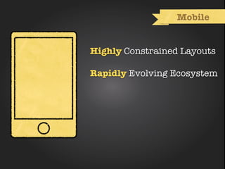 Mobile


Highly Constrained Layouts

Rapidly Evolving Ecosystem
 