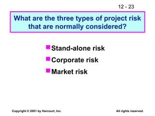 12 - 23
Copyright © 2001 by Harcourt, Inc. All rights reserved.
What are the three types of project risk
that are normally considered?
Stand-alone risk
Corporate risk
Market risk
 