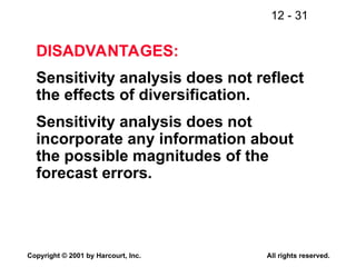 12 - 31
Copyright © 2001 by Harcourt, Inc. All rights reserved.
DISADVANTAGES:
Sensitivity analysis does not reflect
the effects of diversification.
Sensitivity analysis does not
incorporate any information about
the possible magnitudes of the
forecast errors.
 