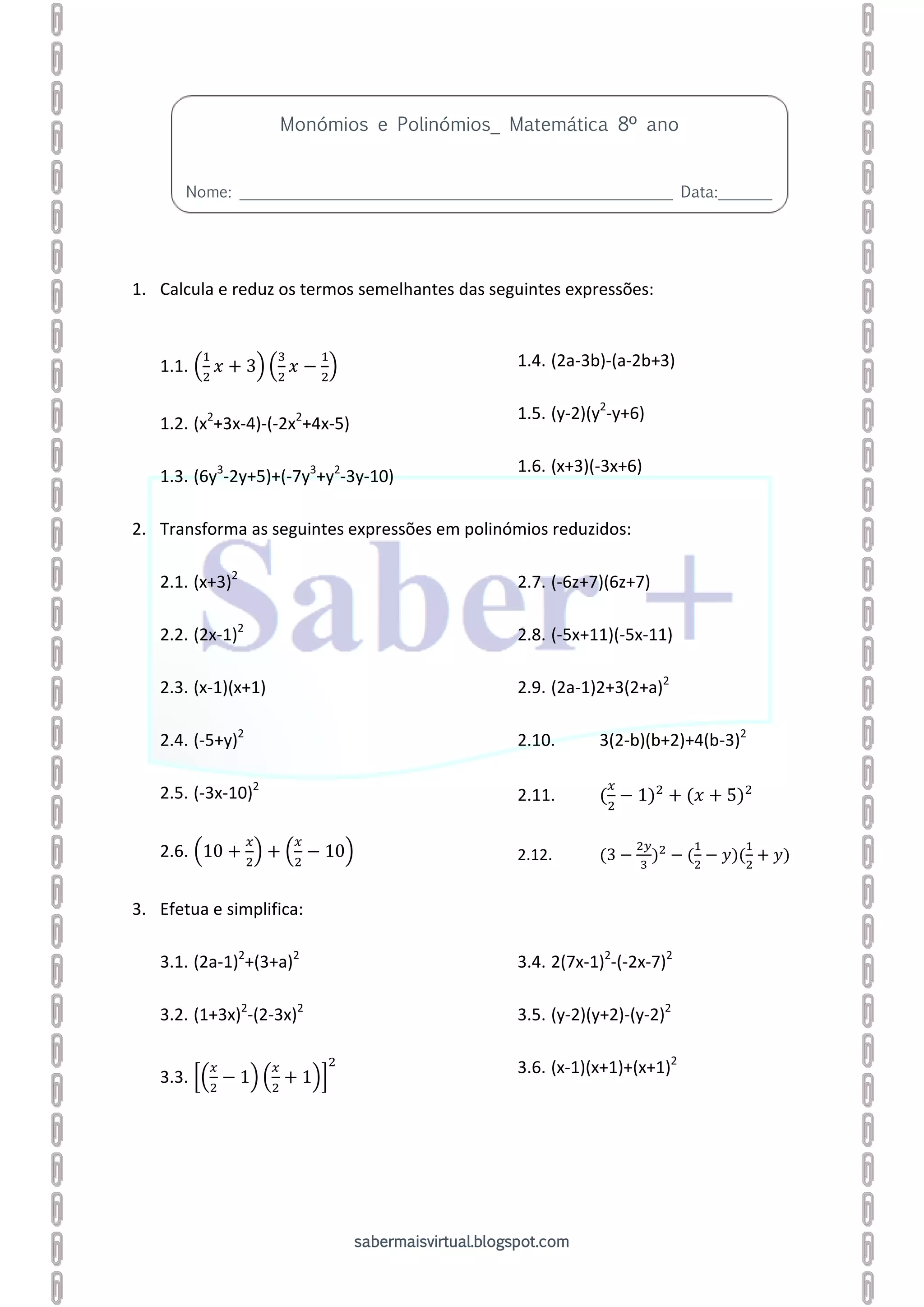 Ficha formativa_ Monomios e Polinomios (II) | PDF