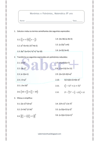 Ficha formativa_ Monomios e Polinomios (II) | PDF