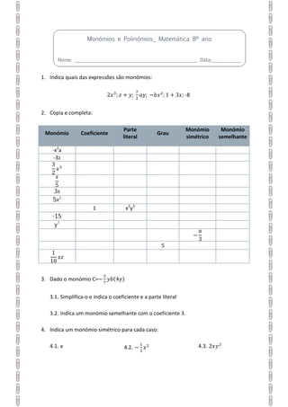 Ficha formativa_ Monomios e Poliomios (III) | PDF
