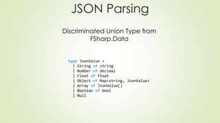 type JsonValue =
| String of string
| Number of decimal
| Float of float
| Object of Map<string, JsonValue>
| Array of JsonValue[]
| Boolean of bool
| Null
JSON Parsing
Discriminated Union Type from
FSharp.Data
 