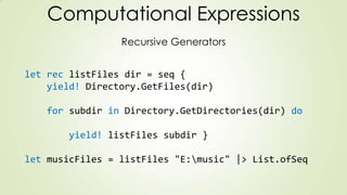 Computational Expressions
Recursive Generators
let rec listFiles dir = seq {
yield! Directory.GetFiles(dir)
for subdir in Directory.GetDirectories(dir) do
yield! listFiles subdir }
let musicFiles = listFiles "E:music" |> List.ofSeq
 