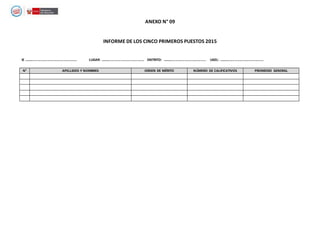 ANEXO N° 09
INFORME DE LOS CINCO PRIMEROS PUESTOS 2015
IE .................................................... LUGAR: ........................................... DISTRITO: ........................................... UGEL: ............................................
N° APELLIDOS Y NOMBRES ORDEN DE MÉRITO NÚMERO DE CALIFICATIVOS PROMEDIO GENERAL
 