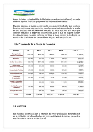 Luego de haber revisado el Mix de Marketing para el producto (Queso), se pudo
     observar algunas falencias que pueden ser mejoradas entre ellas:

     El precio asignado al queso no representa necesariamente el valor que perciben
     los consumidores de este producto, es así como advertimos mediante la ayuda
     de una encuesta que el precio del mercado era muy alto para el l valor que
     estarían dispuestos a pagar los consumidores, para lo cual se sugiere realizar
     investigaciones de mercado en forma periódica a fin de conocer la tendencia en
     cuanto a los precios que los consumidores asignan a dichos productos.


       2.6. Presupuesto de la Mezcla de Mercadeo


     Concepto          Año 1         Año 2          Año 3          Año 4            Año 5

   Transporte de
                        2.405.646      4.395.566      6.466.578       6.476.214            5.298.091
Producto Terminado

     Papelería           3 50.000        565.000       5 75.000         690.000             6 90.000

Visitas Comerciales       500.000      3.000.000      3.040.000       3.081.600            3.124.864

    Elaboración
Propuesta Comercial
                          180.000        290.000        308.000         316.320                 324.973

Despacho de Pedidos       140.000        300.000        340.000         389.200                 462.946

 Creación Sitio Web      1000.000       1200.000       1208.000        1216.320             1224.973

    Tarjetas de
   Presentación
                          111.500        113.000       1 13.780         114.469                 115.337

Diseño e Impresión
 AfichePublicitario
                                         250.000       3 52.000         3 54.000            3 56.000

 Servicio Posventa
    (llamadas)
                          320.000        800.000        900.000         936.000                 974.160

Video Institucional                      500.000         90.000         175.000                 580.000

      TOTAL           4.657.146     11.413.566     12.352.578     13.395.123       12.105.344




     2.7 MUESTRA



     Las muestras se obtienen con la intención de inferir propiedades de la totalidad
     de la población, para lo cual deben ser representativas de la misma, en nuestro
     caso la muestra tomada se describe así:
 