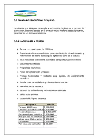 3.5 PLANTA DE PRODUCCION DE QUESO.



Un sistema que incorpora tecnología a su industria, higiene en el proceso de
elaboración, excelente calidad en el producto final y menores costos operativos,
garantizando un óptimo rendimiento.



3.5.1 MAQUINARIA Y EQUIPO



    Tanque con capacidades de 200 litros

    Provistas de cámaras canalizadas para calentamiento y/o enfriamiento y
     removedores de diseño especial para agitación y corte de la cuajada.

    Tinas mecánicas con sistema automático para pasteurización de leche

    Desueradoras estáticas

    Pre prensas neumáticas

    Mesas para elaboración y traslado

    Prensas horizontales y verticales para quesos, de accionamiento
     neumático

    Instalaciones para saladeros y cámaras de maduración:

    mecanización de saladeros

    sistemas de enfriamiento y recirculación de salmuera

    pallets auto apilables

    cubas de PRFV para saladeros

             Maquina           Precio
     Tanque 200 litros      $ 670.000
     Camaras para Enfriamiento
                            $ 800.000
     Tinas Mecanicas        $ 1.200.000
     Desueradoras estatica $ 350.000
     Pre-prensa neumatica $ 580.000
     Mesa para Elaboracion $ 150.000
     saladeros              $ 220.000
     Pallets auto apilables $ 80.000
 