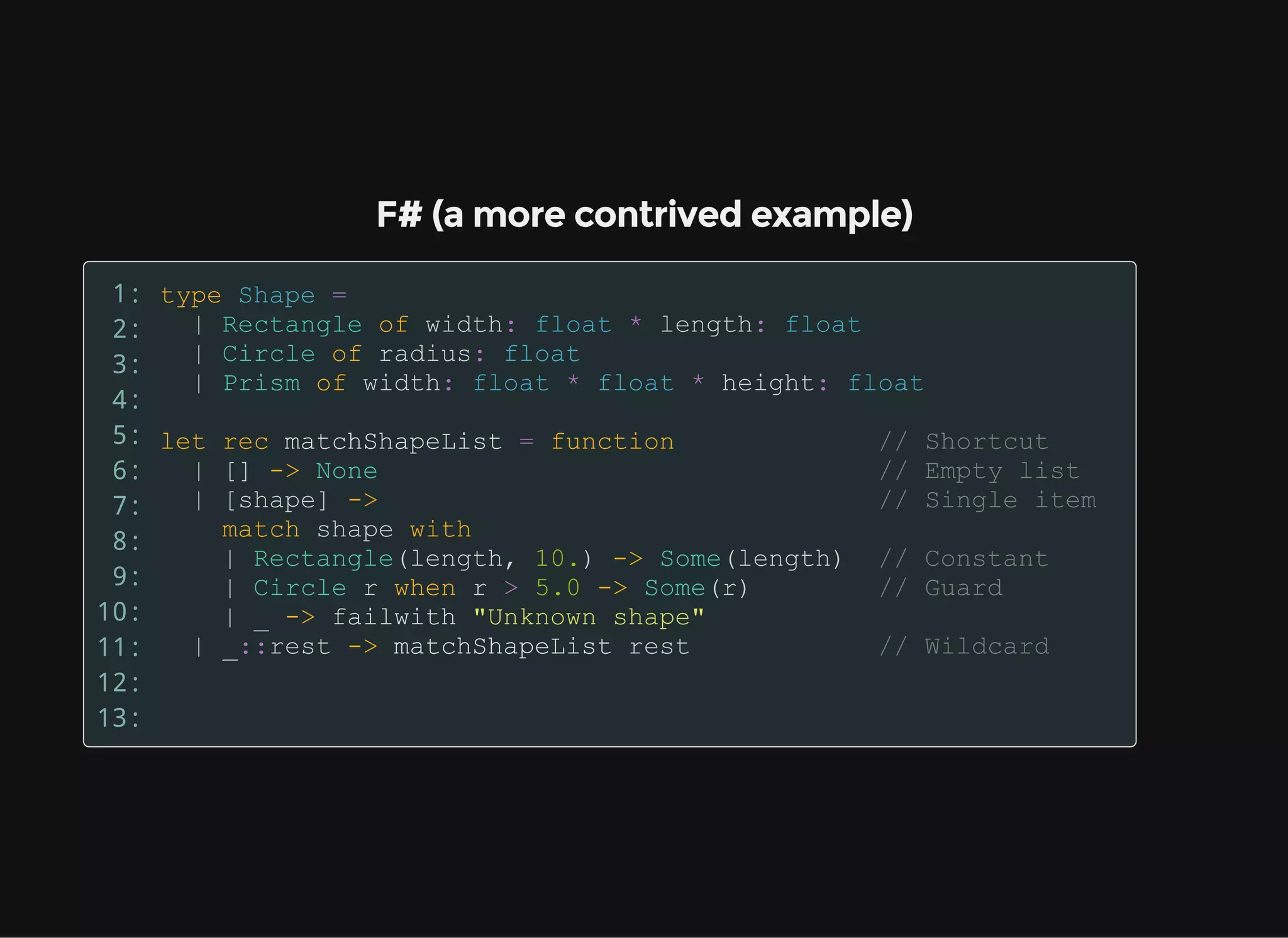 F# (a more contrived example)
1:
2:
3:
4:
5:
6:
7:
8:
9:
10:
11:
12:
13:
 
