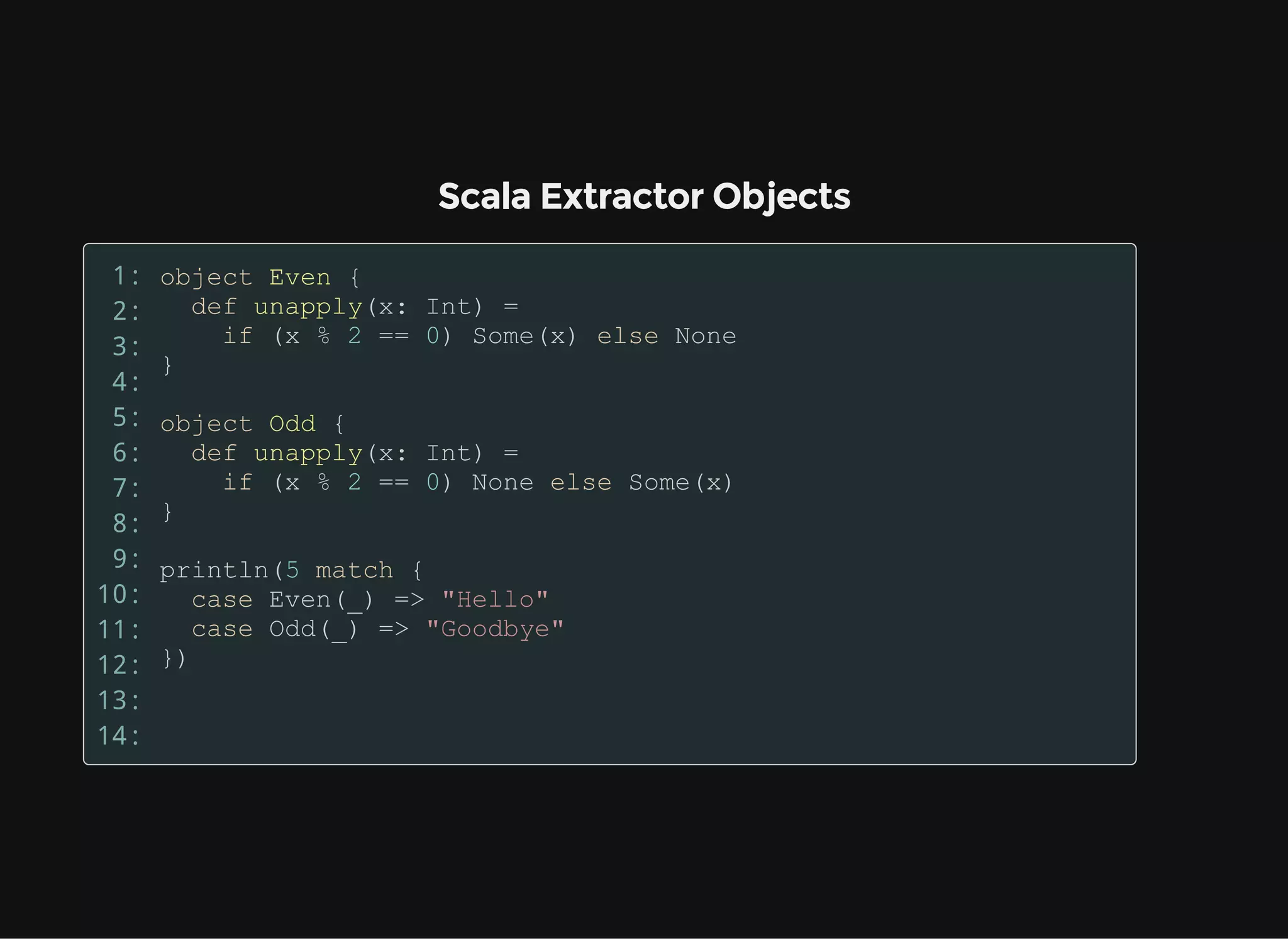 Scala Extractor Objects
1:
2:
3:
4:
5:
6:
7:
8:
9:
10:
11:
12:
13:
14:
 