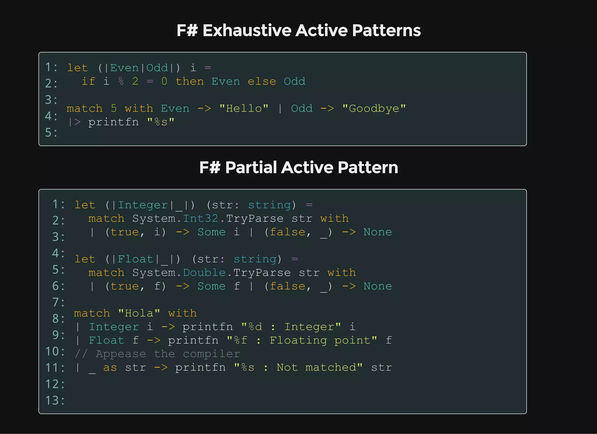 F# Exhaustive Active Patterns
1:
2:
3:
4:
5:
F# Partial Active Pattern
1:
2:
3:
4:
5:
6:
7:
8:
9:
10:
11:
12:
13:
 