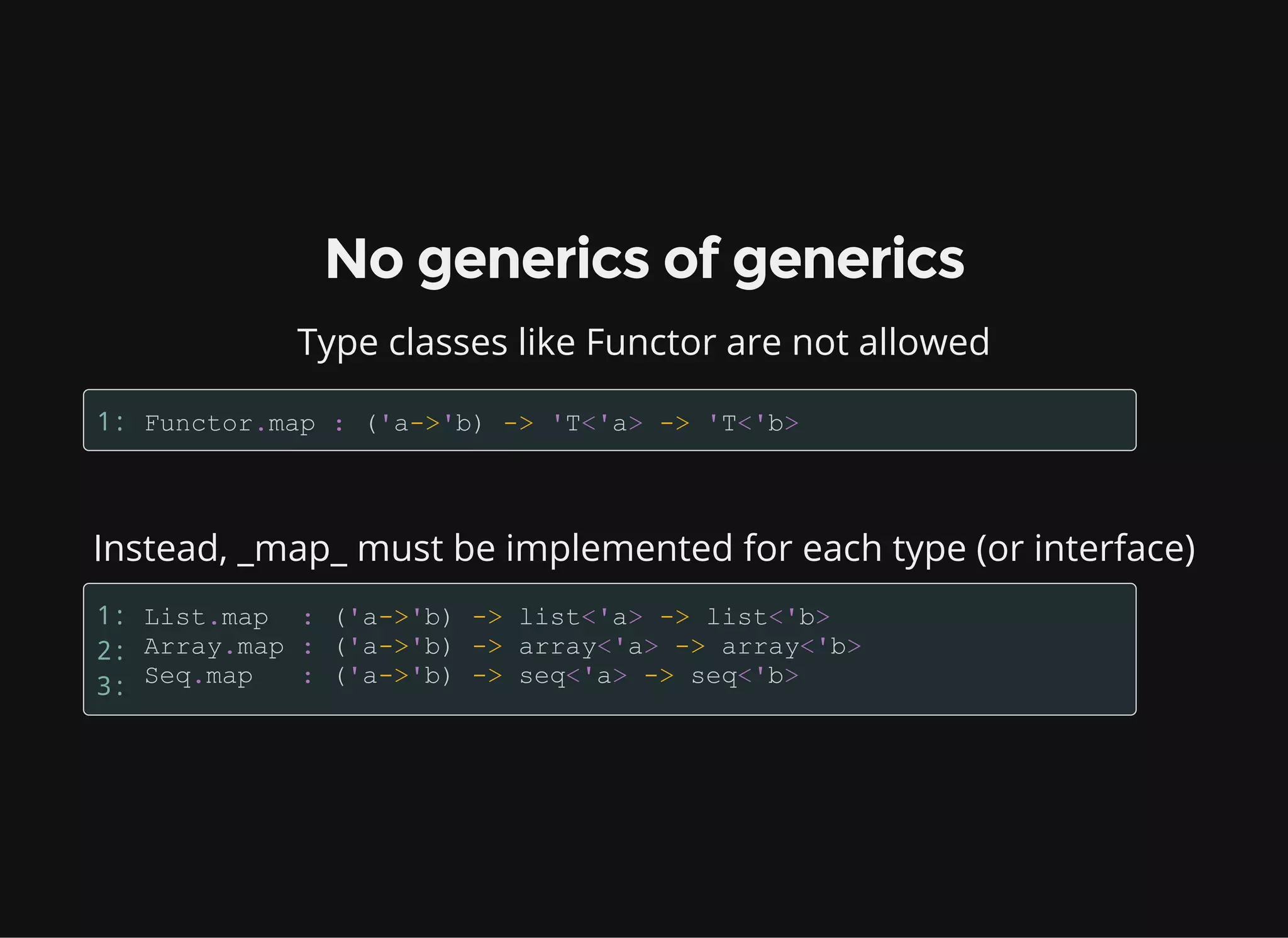 Instead, _map_ must be implemented for each type (or interface)
No generics of generics
Type classes like Functor are not allowed
1:
1:
2:
3:
 