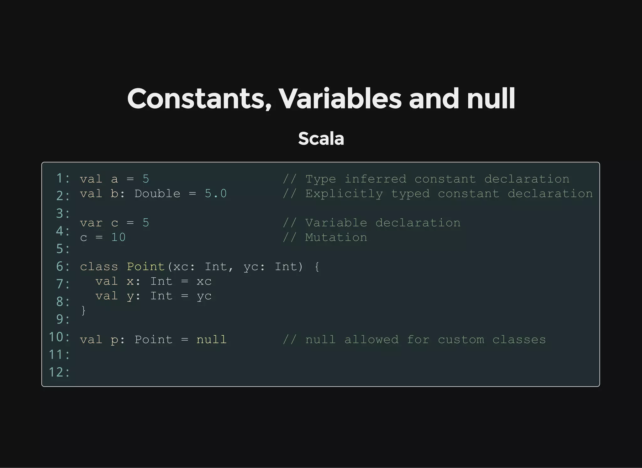 Constants, Variables and null
Scala
1:
2:
3:
4:
5:
6:
7:
8:
9:
10:
11:
12:
 