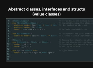 Abstract classes, interfaces and structs
(value classes)
1:
2:
3:
4:
5:
6:
7:
8:
9:
10:
11:
12:
13:
14:
15:
16:
 