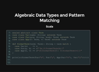 Algebraic Data Types and Pattern
Matching
Scala
1:
2:
3:
4:
5:
6:
7:
8:
9:
10:
11:
12:
 