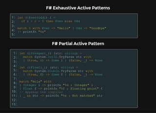 F# Exhaustive Active Patterns
1:
2:
3:
4:
5:
F# Partial Active Pattern
1:
2:
3:
4:
5:
6:
7:
8:
9:
10:
11:
12:
13:
 