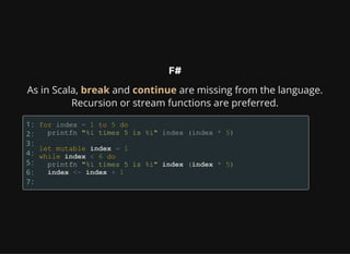 F#
As in Scala, break and continue are missing from the language.
Recursion or stream functions are preferred.
1:
2:
3:
4:
5:
6:
7:
 