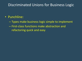 Discriminated Unions for Business Logic
• Punchline:
– Types make business logic simple to implement
– First-class functions make abstraction and
refactoring quick and easy
 