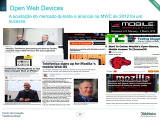23
Centro de Inovação
Telefônica Brasil
Open Web Devices03
A aceitação do mercado durante o anúncio na MWC de 2012 foi um
sucesso.
 