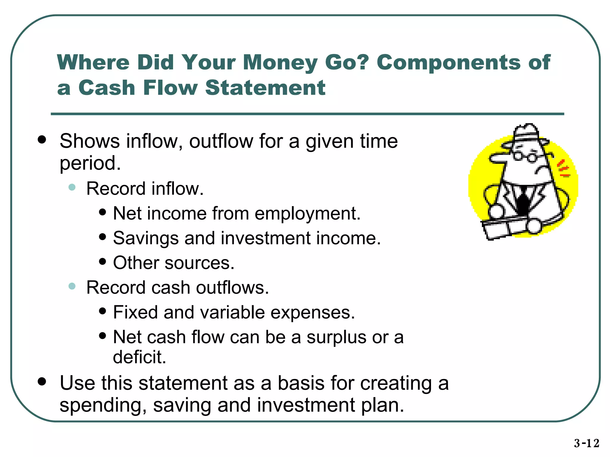 Where Did Your Money Go? Components of a Cash Flow Statement Shows inflow, outflow for a given time period. Record inflow. Net income from employment. Savings and investment income. Other sources. Record cash outflows. Fixed and variable expenses. Net cash flow can be a surplus or a deficit. Use this statement as a basis for creating a spending, saving and investment plan . 3-12 