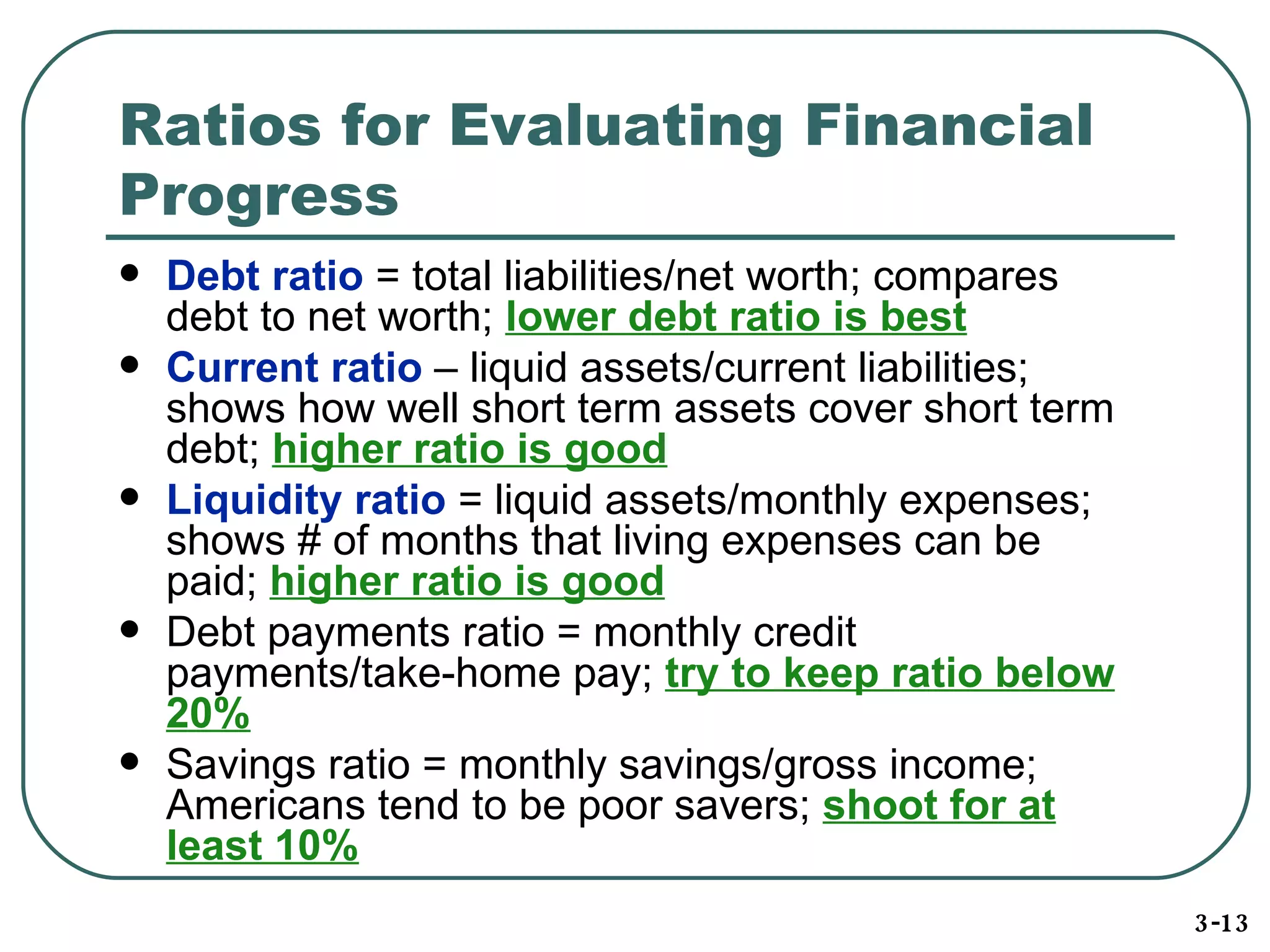 Ratios for Evaluating Financial Progress Debt ratio  = total liabilities/net worth; compares debt to net worth;  lower debt ratio is best Current ratio  – liquid assets/current liabilities; shows how well short term assets cover short term debt;  higher ratio is good Liquidity ratio  = liquid assets/monthly expenses; shows # of months that living expenses can be paid;  higher ratio is good Debt payments ratio = monthly credit payments/take-home pay;  try to keep ratio below 20% Savings ratio = monthly savings/gross income; Americans tend to be poor savers;  shoot for at least 10% 3-13 