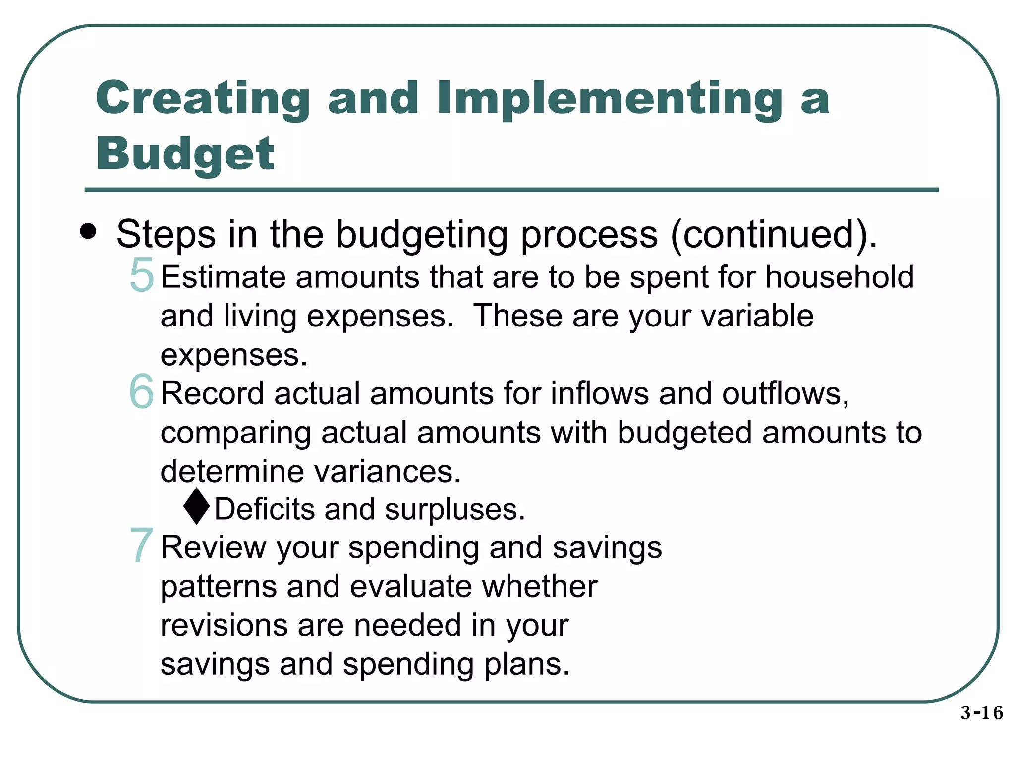 Creating and Implementing a Budget Steps in the budgeting process (continued). Estimate amounts that are to be spent for household and living expenses.  These are your variable expenses. Record actual amounts for inflows and outflows, comparing actual amounts with budgeted amounts to determine variances. Deficits and surpluses. Review your spending and savings  patterns and evaluate whether  revisions are needed in your  savings and spending plans. 3-16 