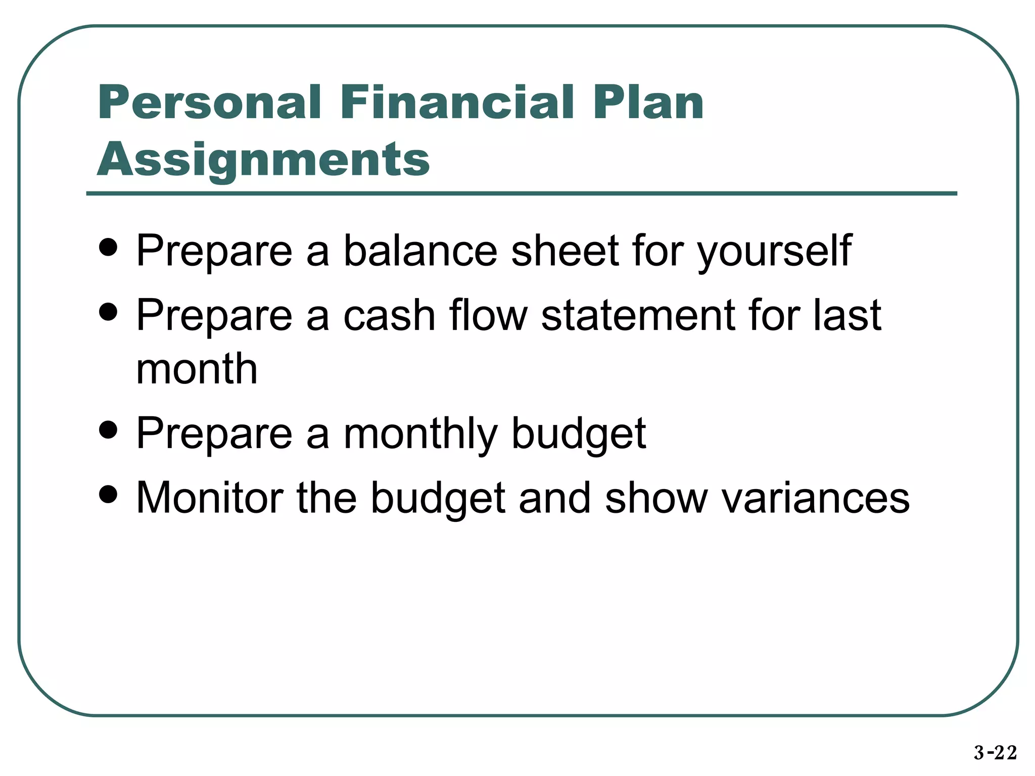 Personal Financial Plan Assignments Prepare a balance sheet for yourself Prepare a cash flow statement for last month Prepare a monthly budget Monitor the budget and show variances 3-22 