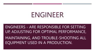 ENGINEER
ENGINEERS - ARE RESPONSIBLE FOR SETTING
UP, ADJUSTING FOR OPTIMAL PERFORMANCE,
MAINTAINING, AND TROUBLE-SHOOTING ALL
EQUIPMENT USED IN A PRODUCTION.
 