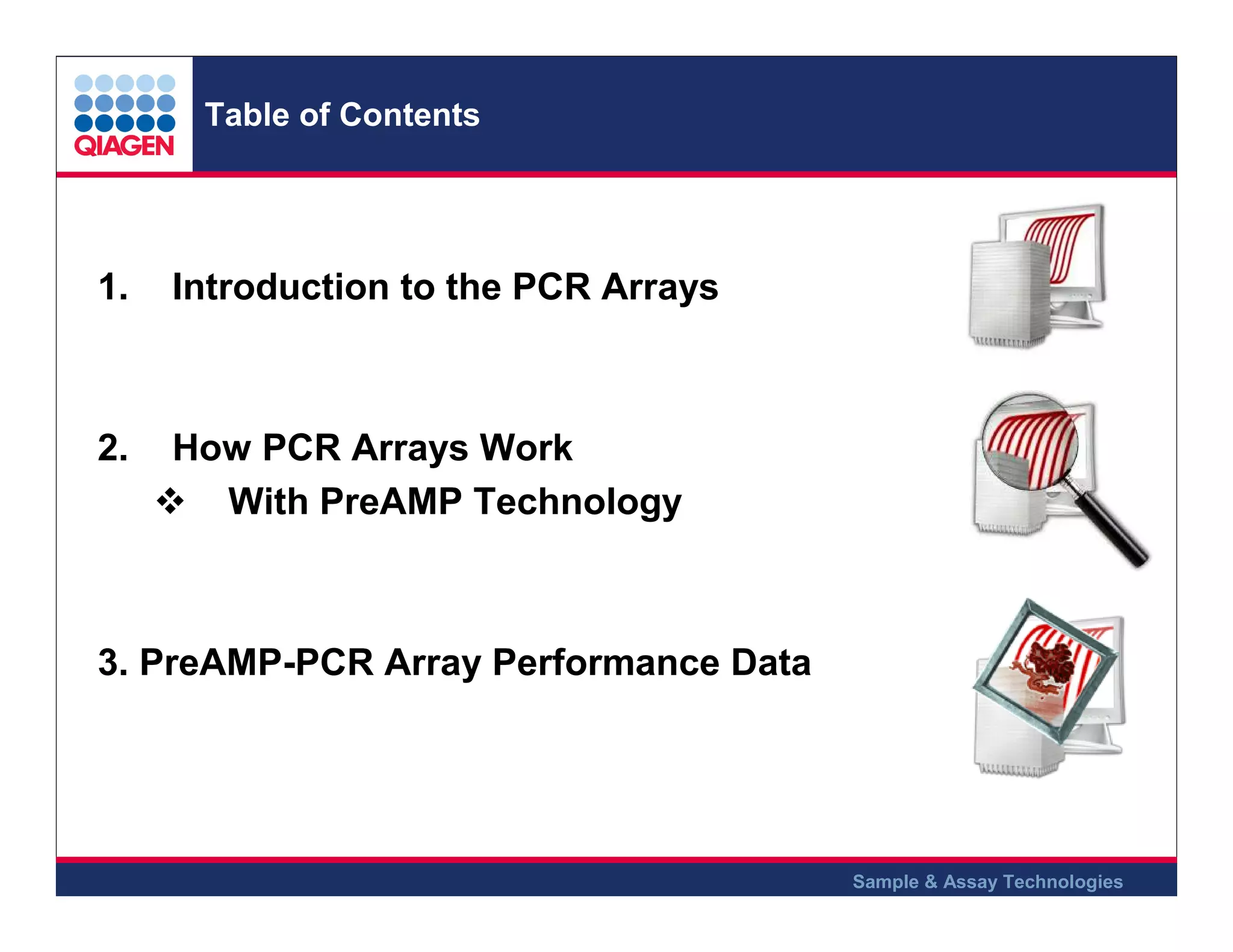 Table of Contents

1.

Introduction to the PCR Arrays

2.

How PCR Arrays Work
With PreAMP Technology

3. PreAMP-PCR Array Performance Data

Sample & Assay Technologies

 