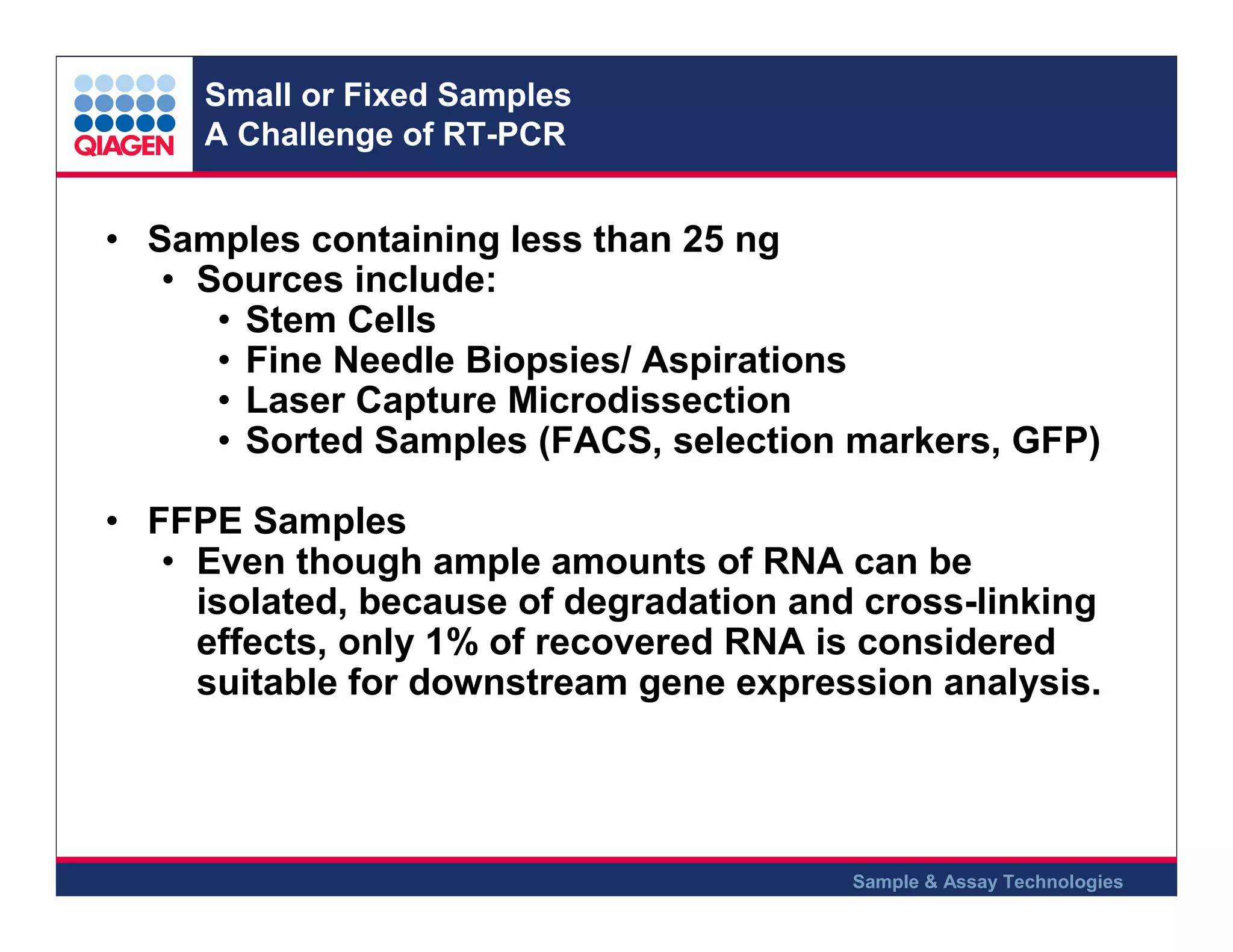 Small or Fixed Samples
A Challenge of RT-PCR

• Samples containing less than 25 ng
• Sources include:
• Stem Cells
• Fine Needle Biopsies/ Aspirations
• Laser Capture Microdissection
• Sorted Samples (FACS, selection markers, GFP)
• FFPE Samples
• Even though ample amounts of RNA can be
isolated, because of degradation and cross-linking
effects, only 1% of recovered RNA is considered
suitable for downstream gene expression analysis.

Sample & Assay Technologies

 