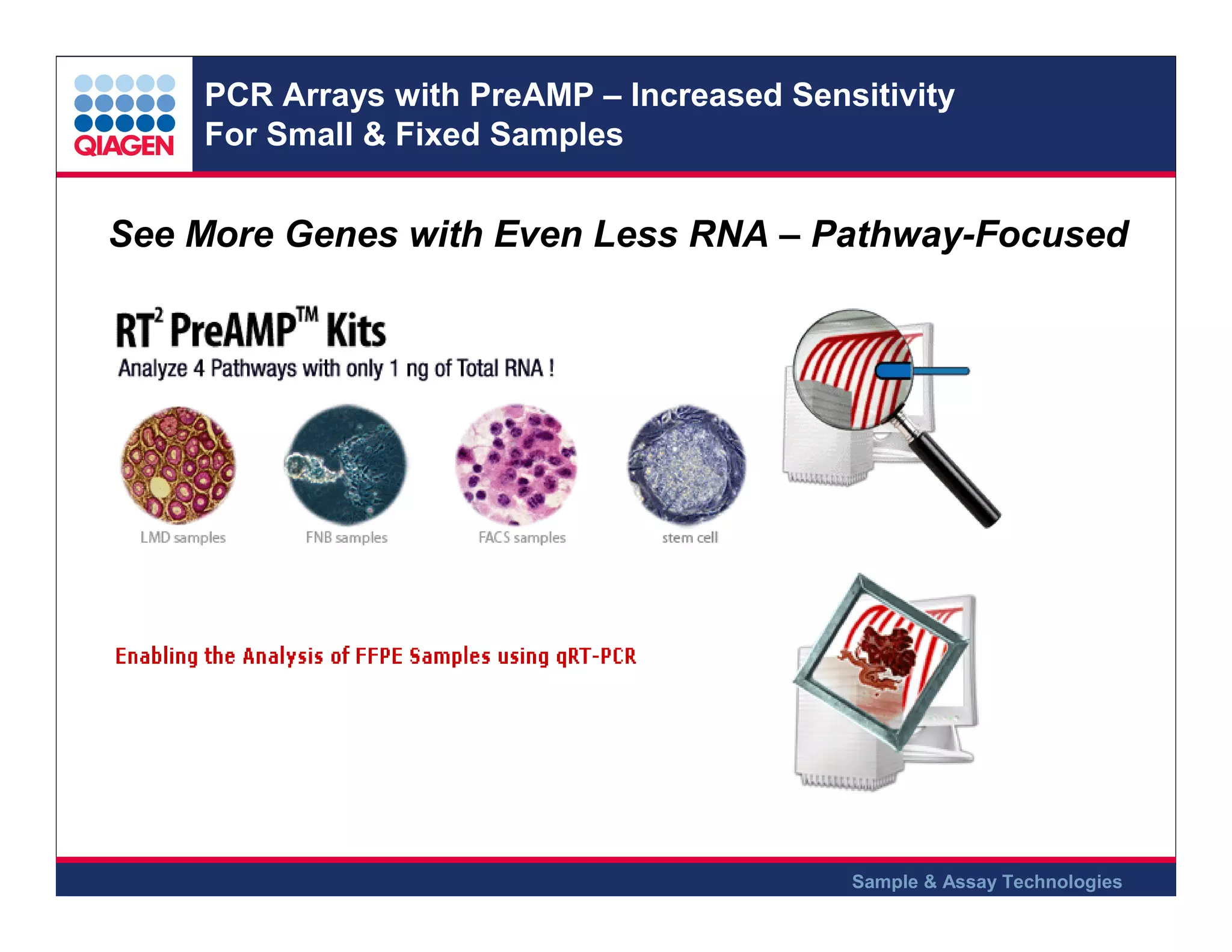 PCR Arrays with PreAMP – Increased Sensitivity
For Small & Fixed Samples

See More Genes with Even Less RNA – Pathway-Focused

Sample & Assay Technologies

 