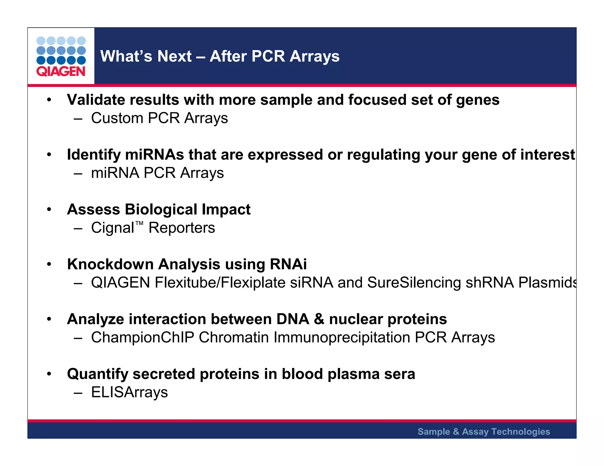 What’s Next – After PCR Arrays
• Validate results with more sample and focused set of genes
– Custom PCR Arrays
• Identify miRNAs that are expressed or regulating your gene of interest
– miRNA PCR Arrays
• Assess Biological Impact
– Cignal™ Reporters
• Knockdown Analysis using RNAi
– QIAGEN Flexitube/Flexiplate siRNA and SureSilencing shRNA Plasmids
• Analyze interaction between DNA & nuclear proteins
– ChampionChIP Chromatin Immunoprecipitation PCR Arrays
• Quantify secreted proteins in blood plasma sera
– ELISArrays
Sample & Assay Technologies

 