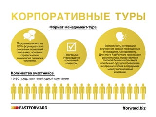 Корпоративные туры
fforward.biz
Формат менеджмент-тура
Программа визита на
100% формируется на
основании пожеланий
заказчика, основных
стратегических
ориентиров развития
компании.
Количество участников
15-20 представителей одной компании
Возможность интеграции
внутренних сессий посвященных
инновациям, менеджменту.
Для этого FastForward приглашает
фасилитатора, представителя
топовой бизнес-школы мира
или бизнес-гуру для проведения
внутренних сессий в перерывах
между посещениями
компаний.
Программа
утверждается
компанией-
клиентом.
 