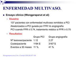 ENFERMEDAD MULTIVASO.
Wongpraparut et al. Am J Cardiol 2005;96:877–84.
 Ensayo clínico (Wongpraparut et al):
• Muestra:
137 pacientes con enfermedad multivaso remitidos a PCI
Aleatorizados a PCI guiada por FFR Vs angiografía
PCI cuando FFR ≤ 0.74, tratamiento médico si FFR ≥ 0.75
• Resultados:
Grupo PCI Grupo angiografía
Nº lesiones/paciente 1.12 2.27
Coste/paciente 1194 $ 3167 $
Eventos a 30 meses 11 % 41 %
 