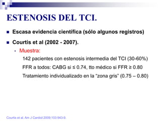 ESTENOSIS DEL TCI.
Courtis et al. Am J Cardiol 2009;103:943-9.
 Escasa evidencia científica (sólo algunos registros)
 Courtis et al (2002 - 2007).
• Muestra:
142 pacientes con estenosis intermedia del TCI (30-60%)
FFR a todos: CABG si ≤ 0.74, tto médico si FFR ≥ 0.80
Tratamiento individualizado en la “zona gris” (0.75 – 0.80)
 