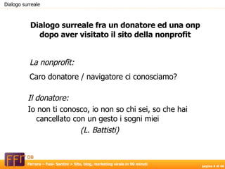 Il donatore:   Io non ti conosco, io non so chi sei, so che hai cancellato con un gesto i sogni miei  (L. Battisti) La nonprofit:  Caro donatore / navigatore ci conosciamo? Dialogo surreale Dialogo surreale fra un donatore ed una onp dopo aver visitato il sito della nonprofit 