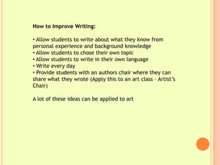 How to Improve Writing:

• Allow students to write about what they know from
personal experience and background knowledge
• Allow students to chose their own topic
• Allow students to write in their own language
• Write every day
• Provide students with an authors chair where they can
share what they wrote (Apply this to an art class – Artist’s
Chair)

A lot of these ideas can be applied to art
 