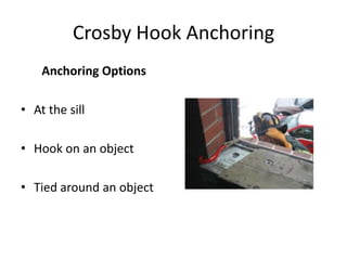 Crosby Hook Anchoring
    Anchoring Options

• At the sill

• Hook on an object

• Tied around an object
 