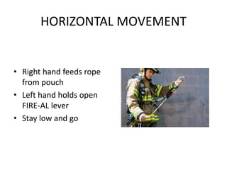 HORIZONTAL MOVEMENT


• Right hand feeds rope
  from pouch
• Left hand holds open
  FIRE-AL lever
• Stay low and go
 