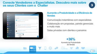 Conecte Vendedores a Especialistas. Descubra mais sobre 
os seus Clientes com o Chatter 
Aumente a Produtividade e a Eficiência de 
Vendas 
Comunicação instantânea com especialistas 
Colaboração em propostas, painéis gerenciais 
e muito mais 
Salas privadas com clientes e parceiros 
+36% 
Aumento da Produtividade 
de Vendas 
 