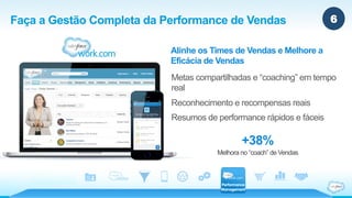 Faça a Gestão Completa da Performance de Vendas 
Alinhe os Times de Vendas e Melhore a 
Eficácia de Vendas 
Metas compartilhadas e “coaching” em tempo 
real 
Reconhecimento e recompensas reais 
Resumos de performance rápidos e fáceis 
+38% 
Melhora no “coach” de Vendas 
 